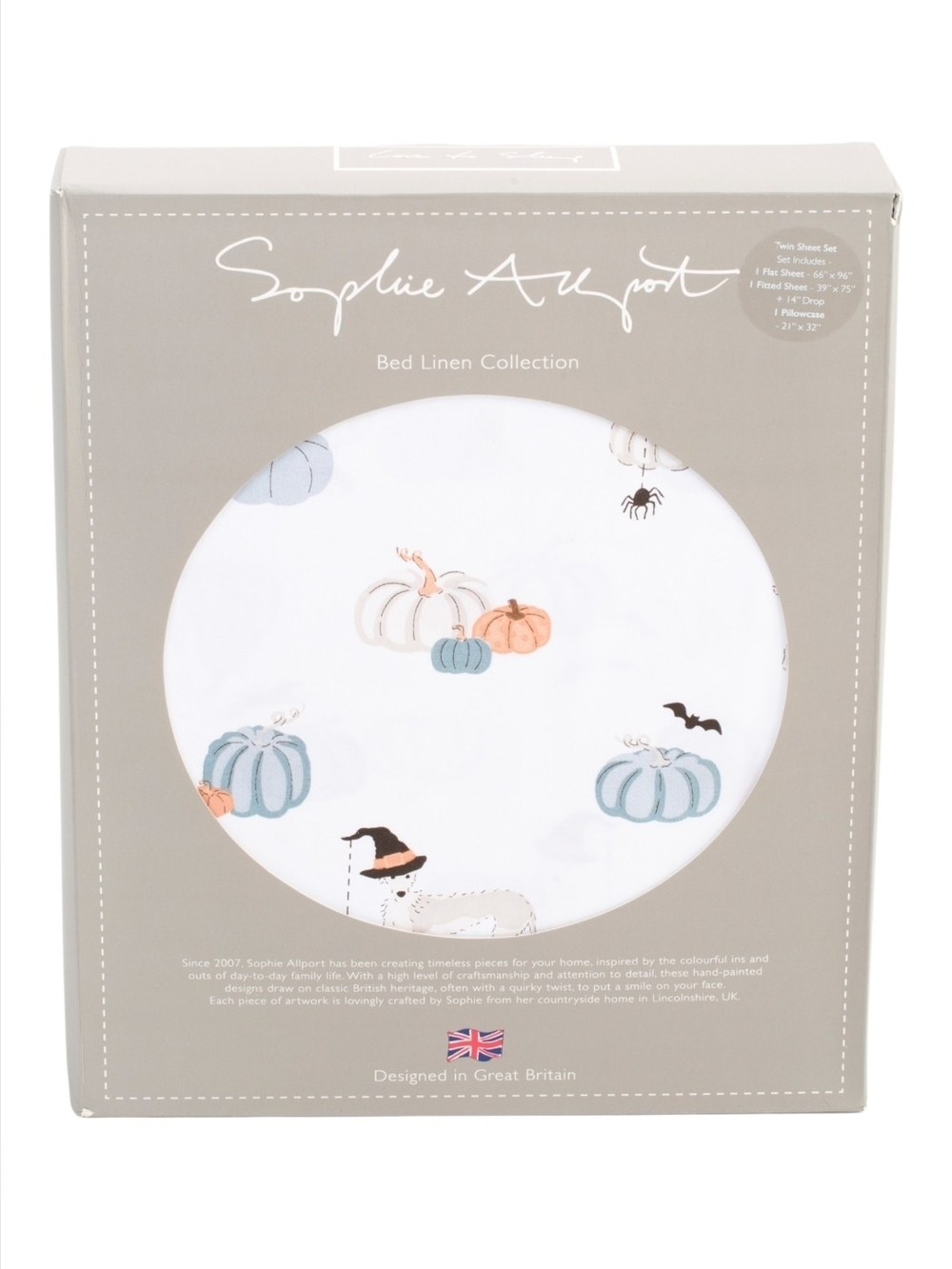 Sophie Allport Halloween Bedding Set Sheets with pumpkins, bats, and Dog Queen